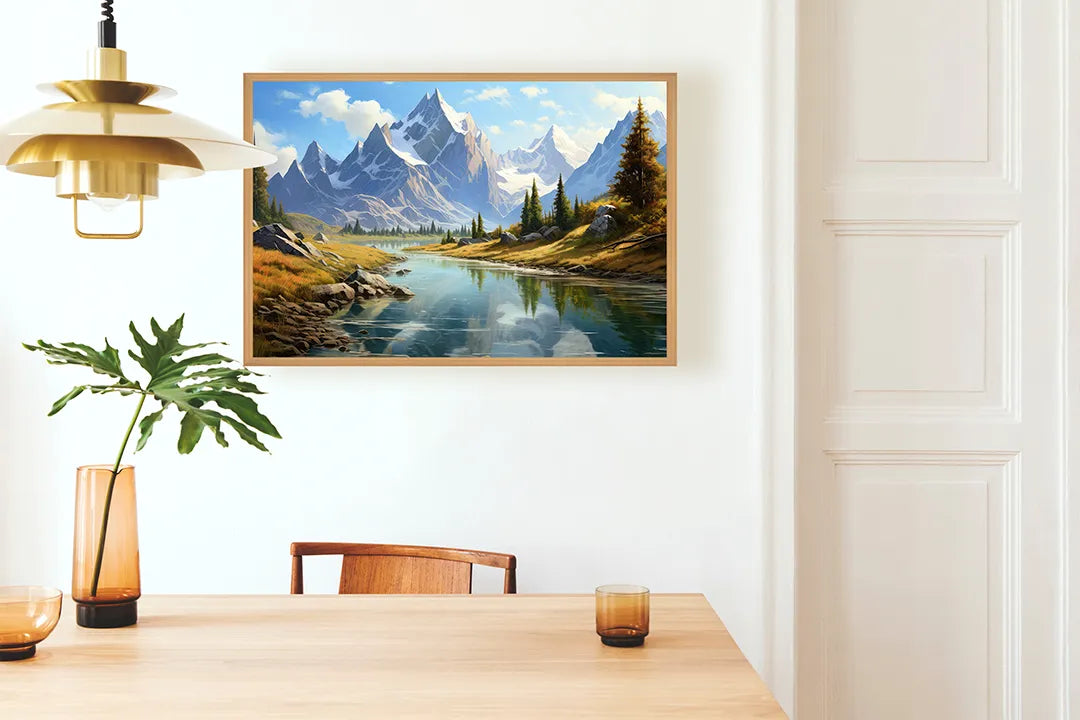 Metalen Magneetbord met print van Besneeuwde bergen en rivier perfect als decoratie