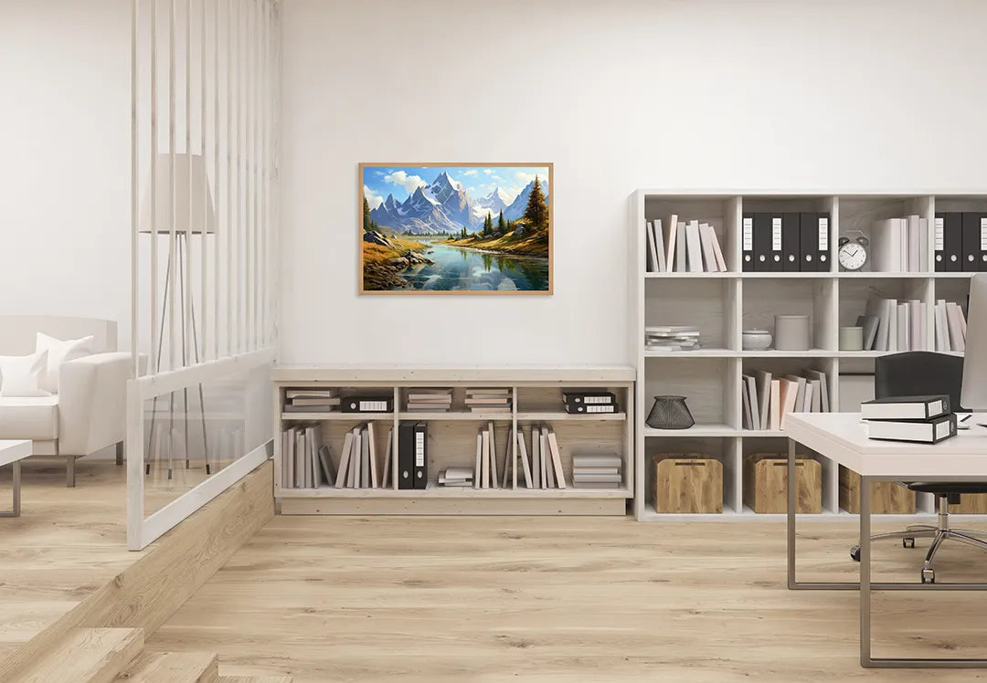 Metalen Magneetbord met print van Besneeuwde bergen en rivier perfect als decoratie