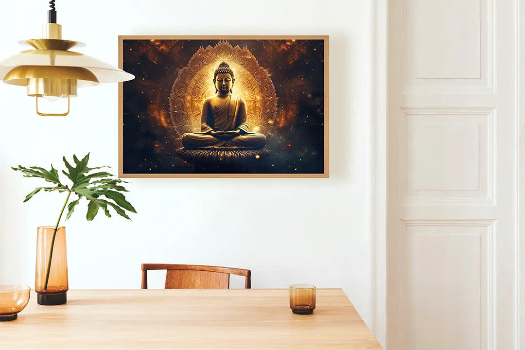 Metalen Magneetbord met print van Gouden boeddha gloed perfect als decoratie