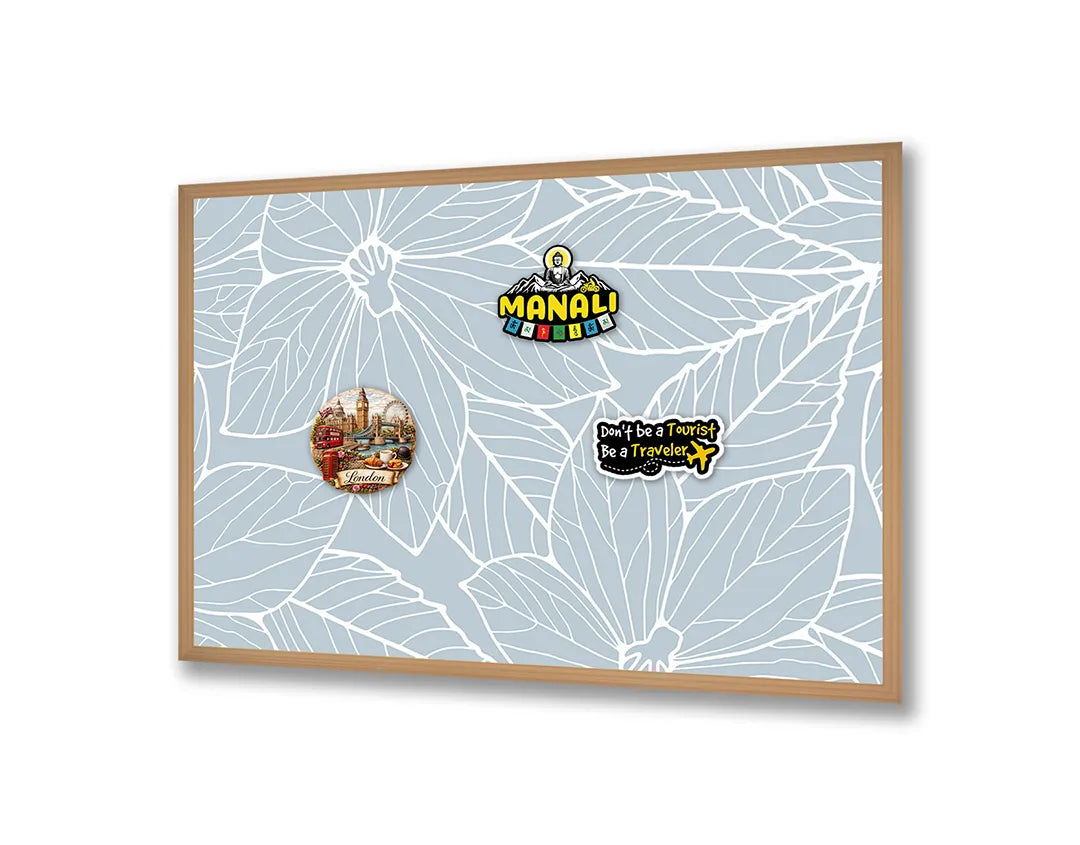 Metalen Magneetbord met print van Witte bladeren op lichtblauw perfect als decoratie