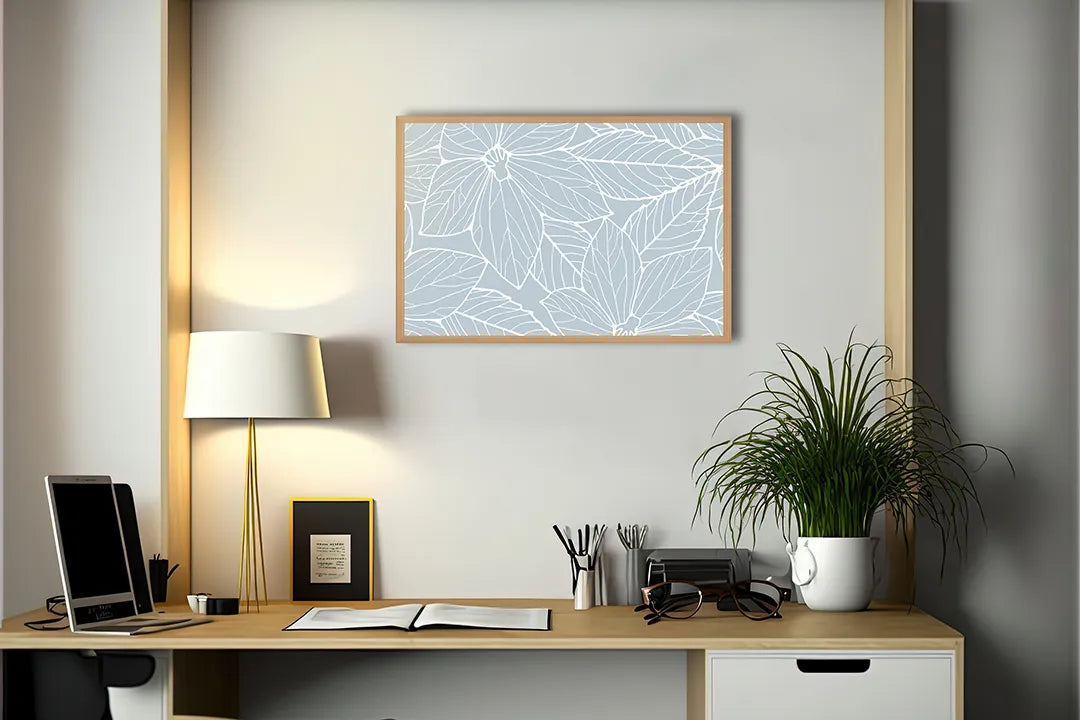 Metalen Magneetbord met print van Witte bladeren op lichtblauw perfect als decoratie