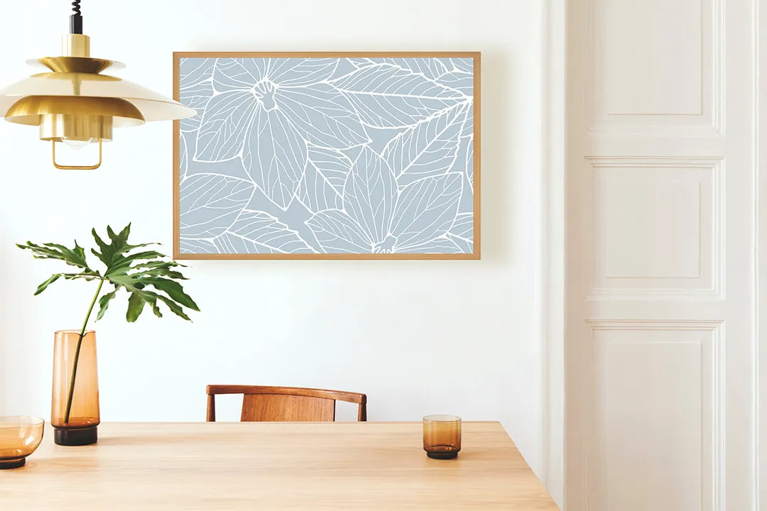 Metalen Magneetbord met print van Witte bladeren op lichtblauw perfect als decoratie
