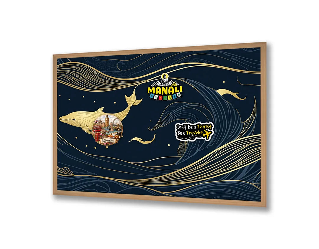 Metalen Magneetbord met print van Walvis illustratie goud op blauw perfect als decoratie