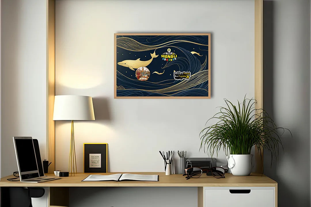 Metalen Magneetbord met print van Walvis illustratie goud op blauw perfect als decoratie