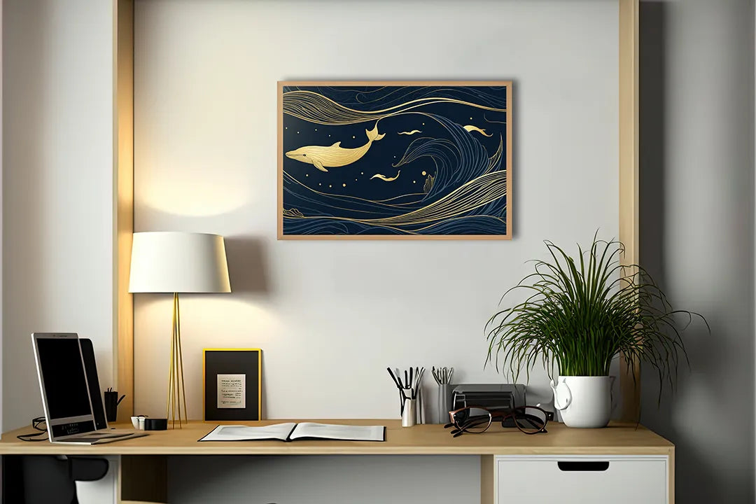 Metalen Magneetbord met print van Walvis illustratie goud op blauw perfect als decoratie