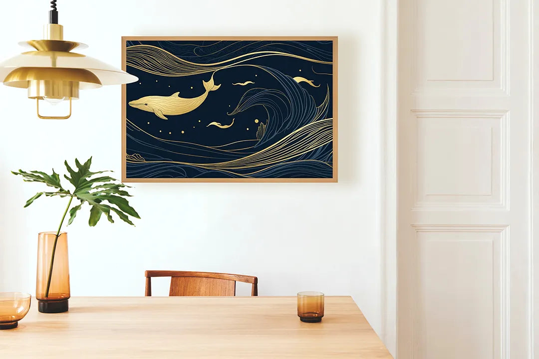 Metalen Magneetbord met print van Walvis illustratie goud op blauw perfect als decoratie