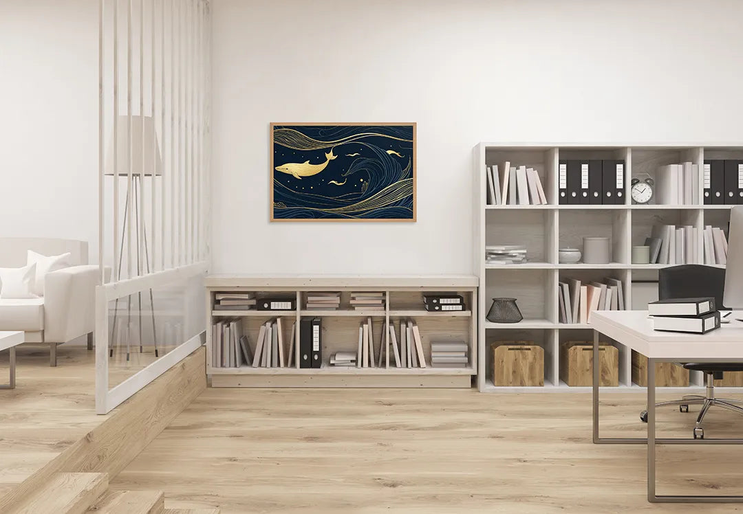 Metalen Magneetbord met print van Walvis illustratie goud op blauw perfect als decoratie