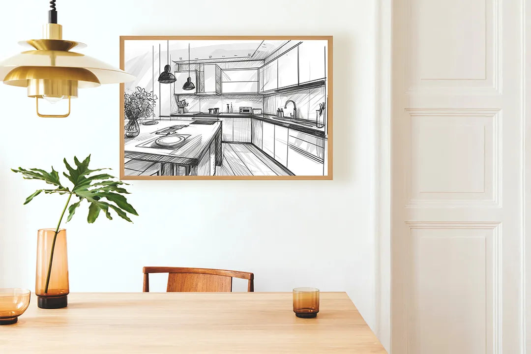 Metalen Magneetbord met print van Keuken schets zwart wit perfect als decoratie