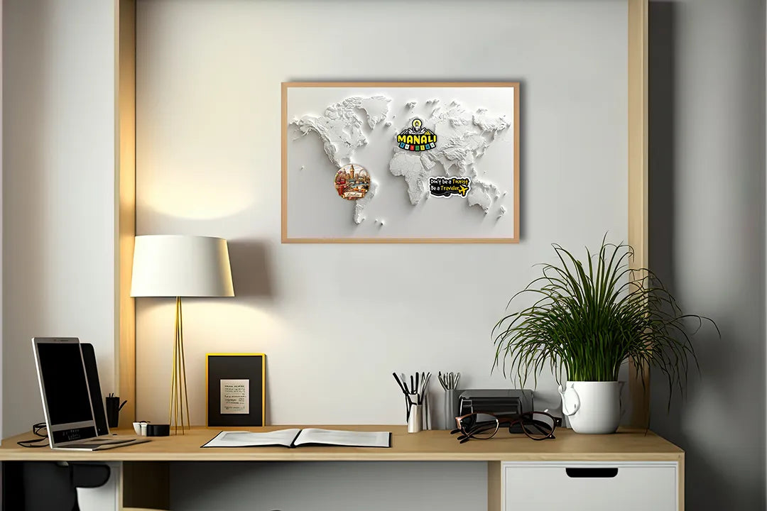 Metalen Magneetbord met print van Witte 3D wereldkaart perfect als decoratie