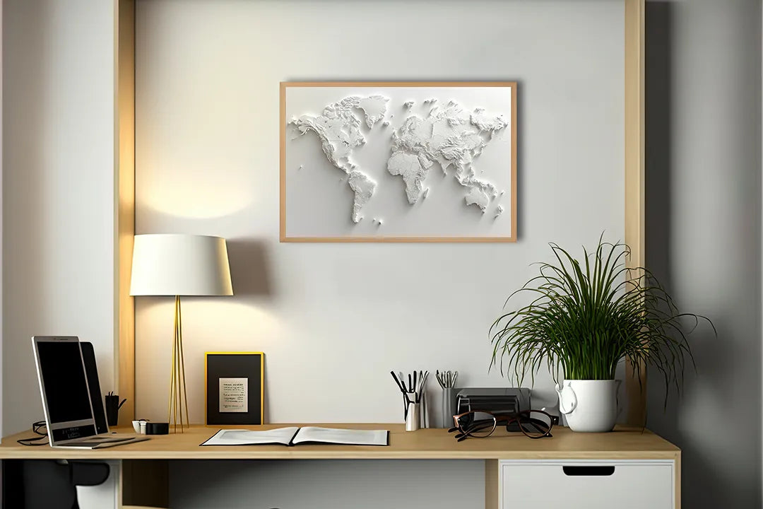 Metalen Magneetbord met print van Witte 3D wereldkaart perfect als decoratie
