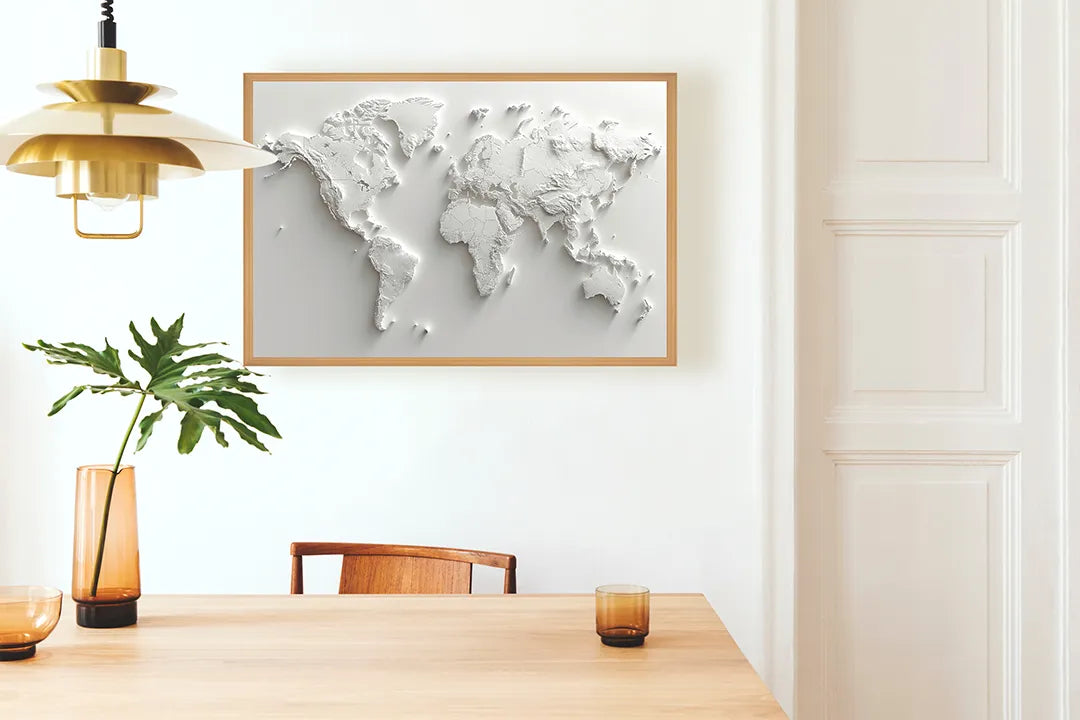 Metalen Magneetbord met print van Witte 3D wereldkaart perfect als decoratie