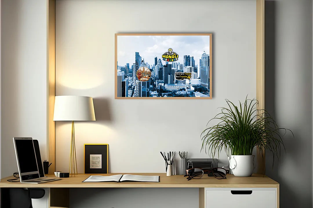 Metalen Magneetbord met print van Skyline stad in winter perfect als decoratie
