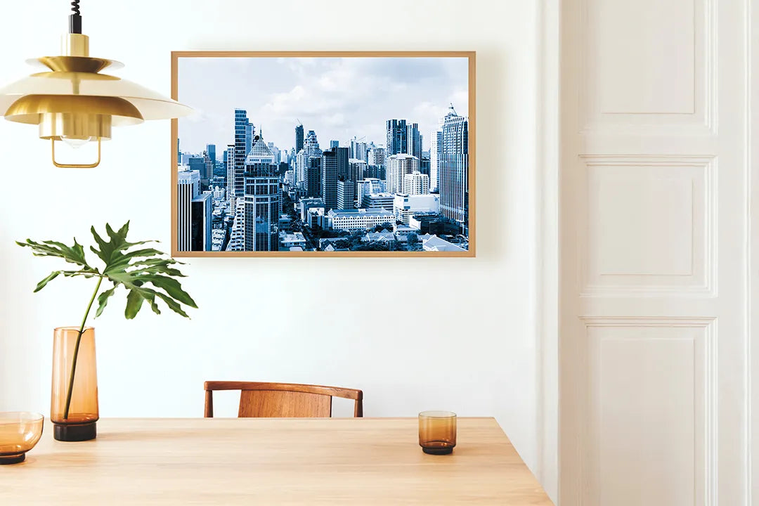 Metalen Magneetbord met print van Skyline stad in winter perfect als decoratie