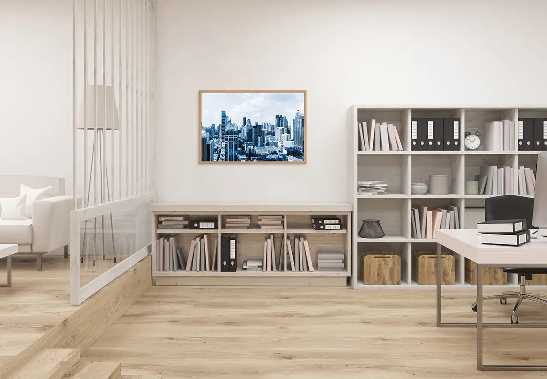Metalen Magneetbord met print van Skyline stad in winter perfect als decoratie