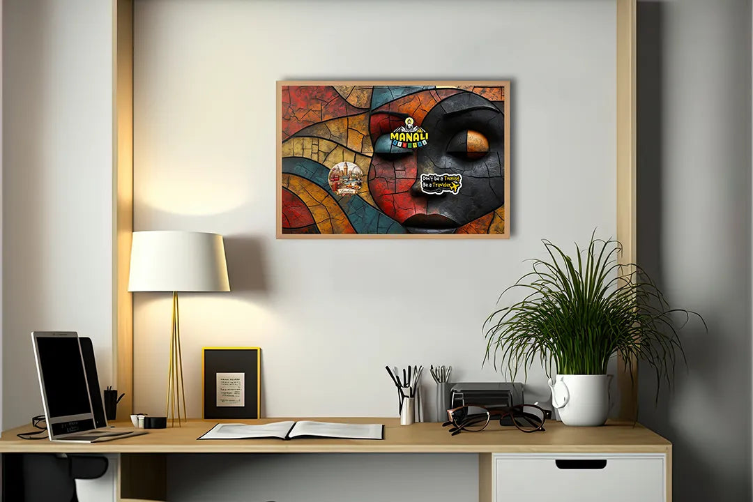 Metalen Magneetbord met print van Gezicht kleurrijk houtsnijwerk perfect als decoratie