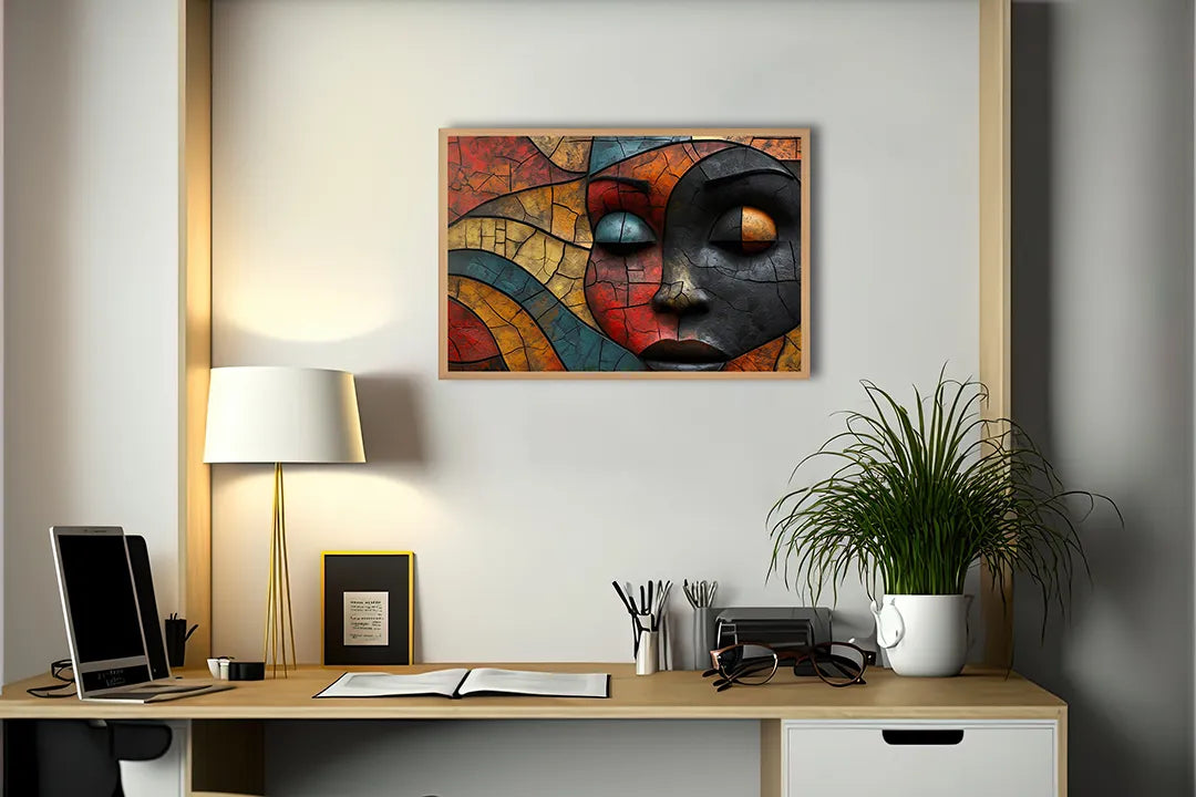 Metalen Magneetbord met print van Gezicht kleurrijk houtsnijwerk perfect als decoratie