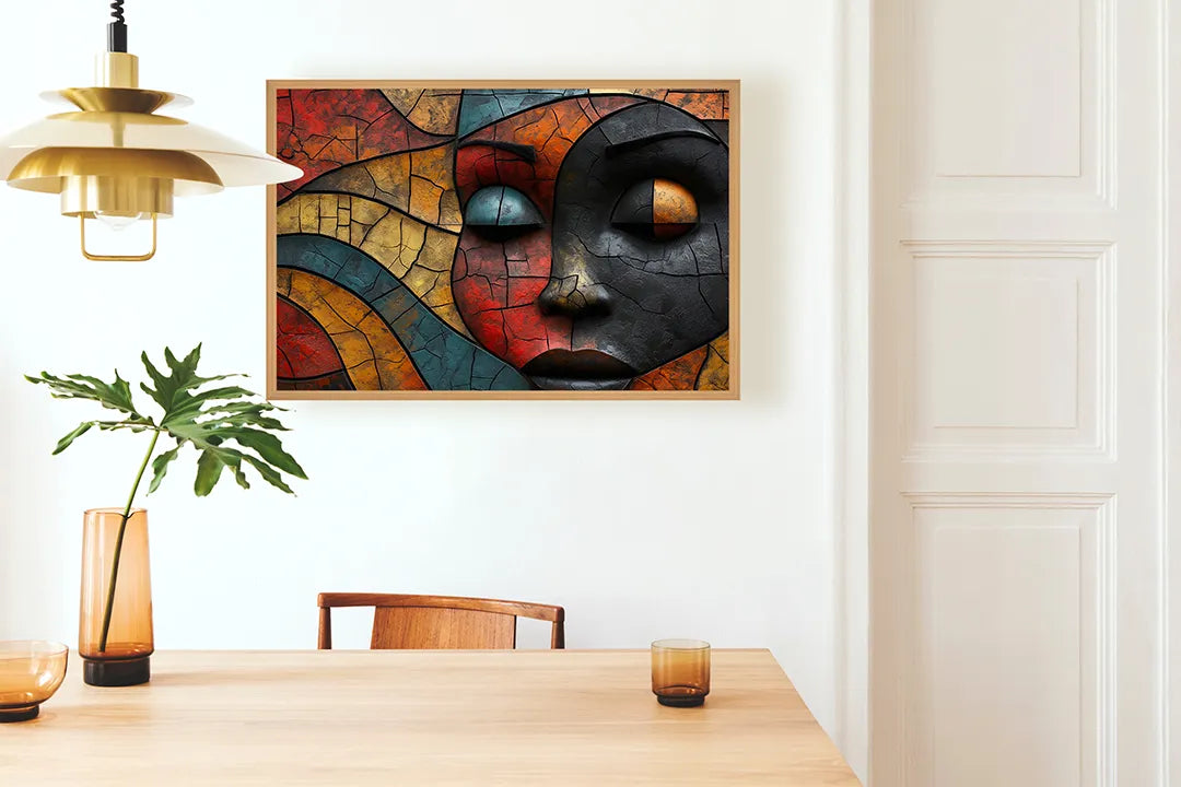 Metalen Magneetbord met print van Gezicht kleurrijk houtsnijwerk perfect als decoratie