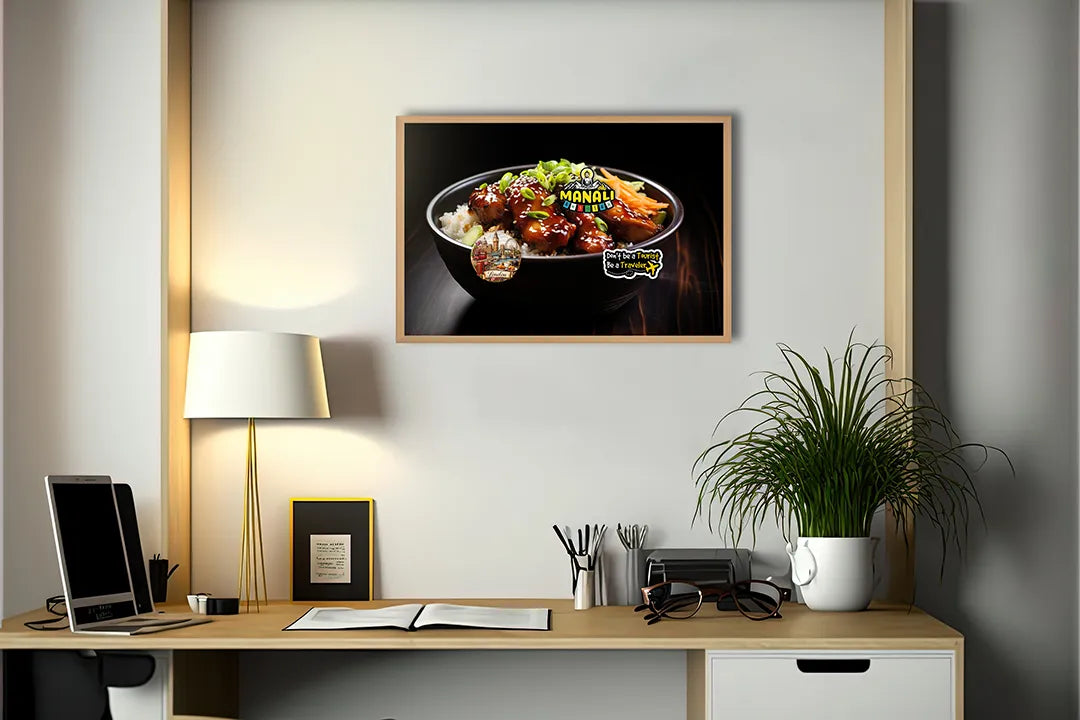 Metalen Magneetbord met print van Kom met rijst en vlees perfect als decoratie