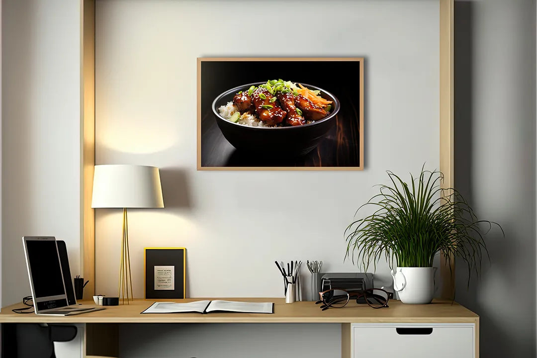Metalen Magneetbord met print van Kom met rijst en vlees perfect als decoratie