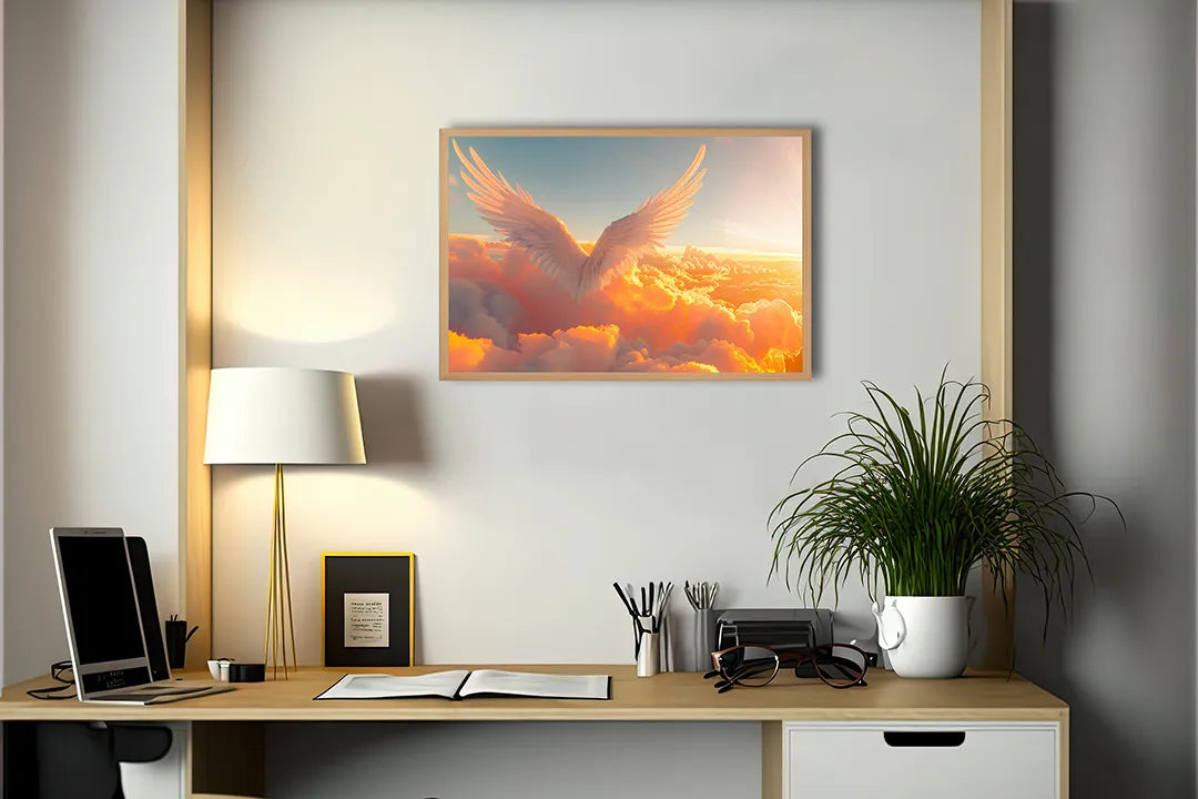 Metalen Magneetbord met print van Gouden vleugels in wolken perfect als decoratie