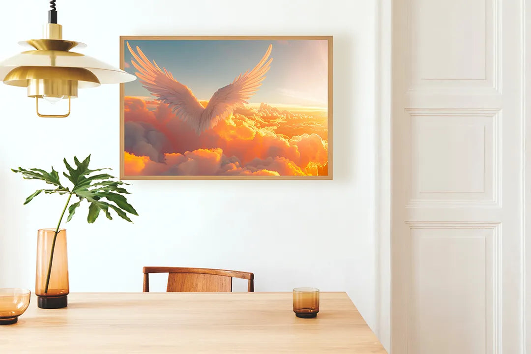 Metalen Magneetbord met print van Gouden vleugels in wolken perfect als decoratie