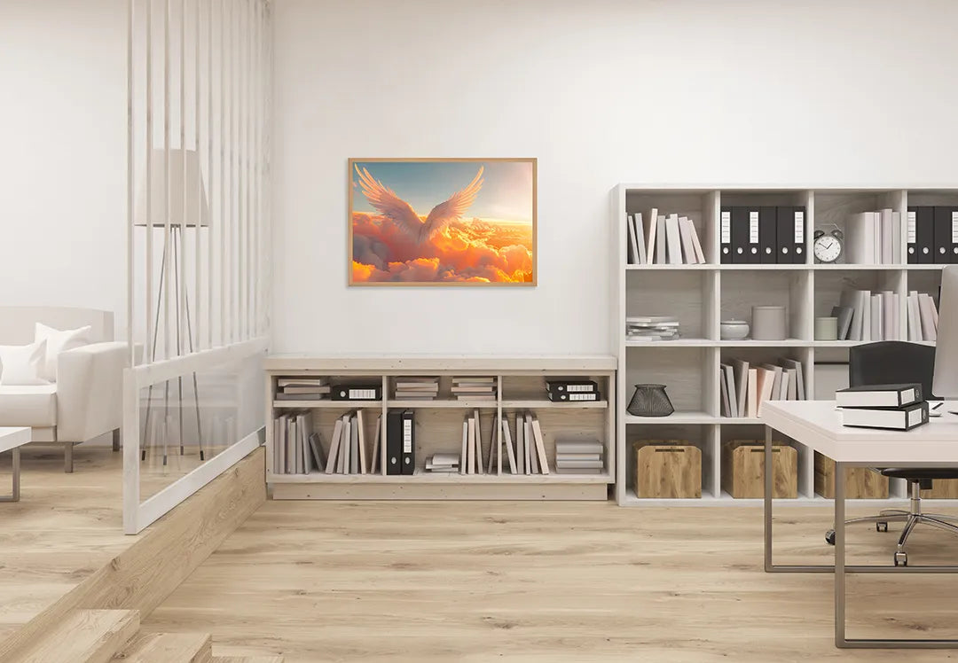 Metalen Magneetbord met print van Gouden vleugels in wolken perfect als decoratie