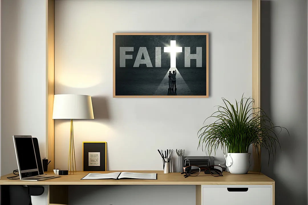 Metalen Magneetbord met afbeelding van kruis met FAITH en silhouet in zwart en wit kleuren