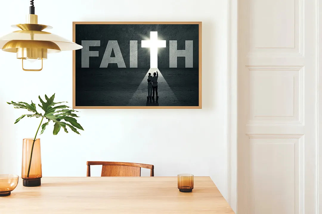 Metalen Magneetbord met afbeelding van kruis met FAITH en silhouet in zwart en wit kleuren