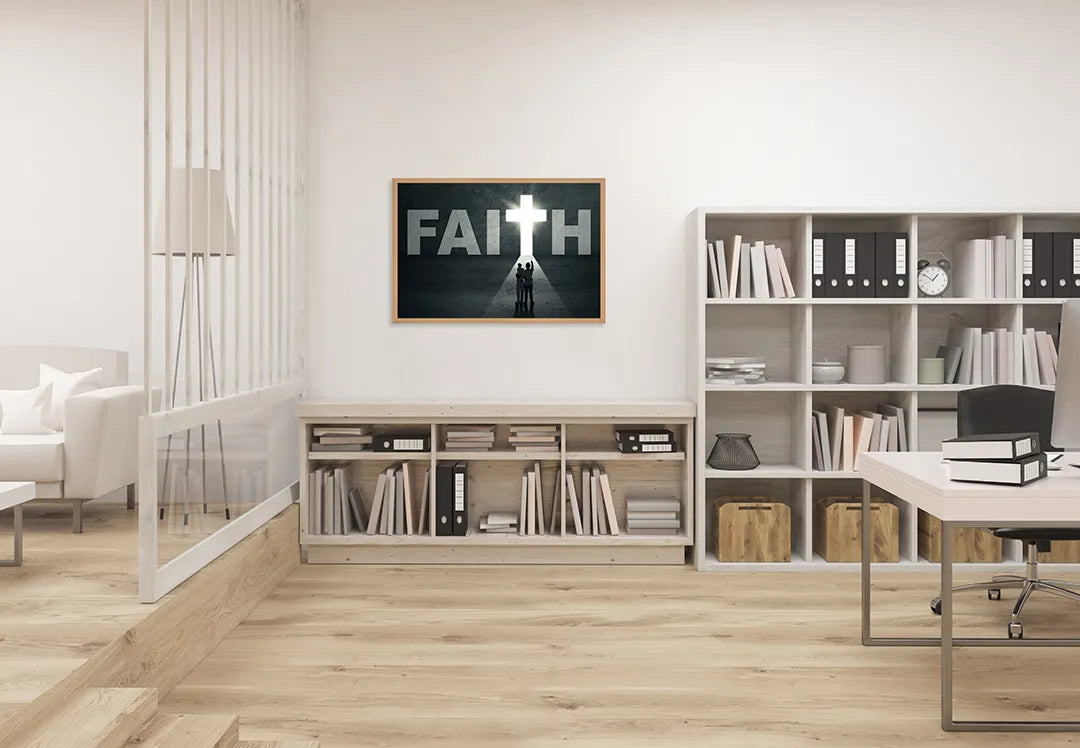 Metalen Magneetbord met afbeelding van kruis met FAITH en silhouet in zwart en wit kleuren