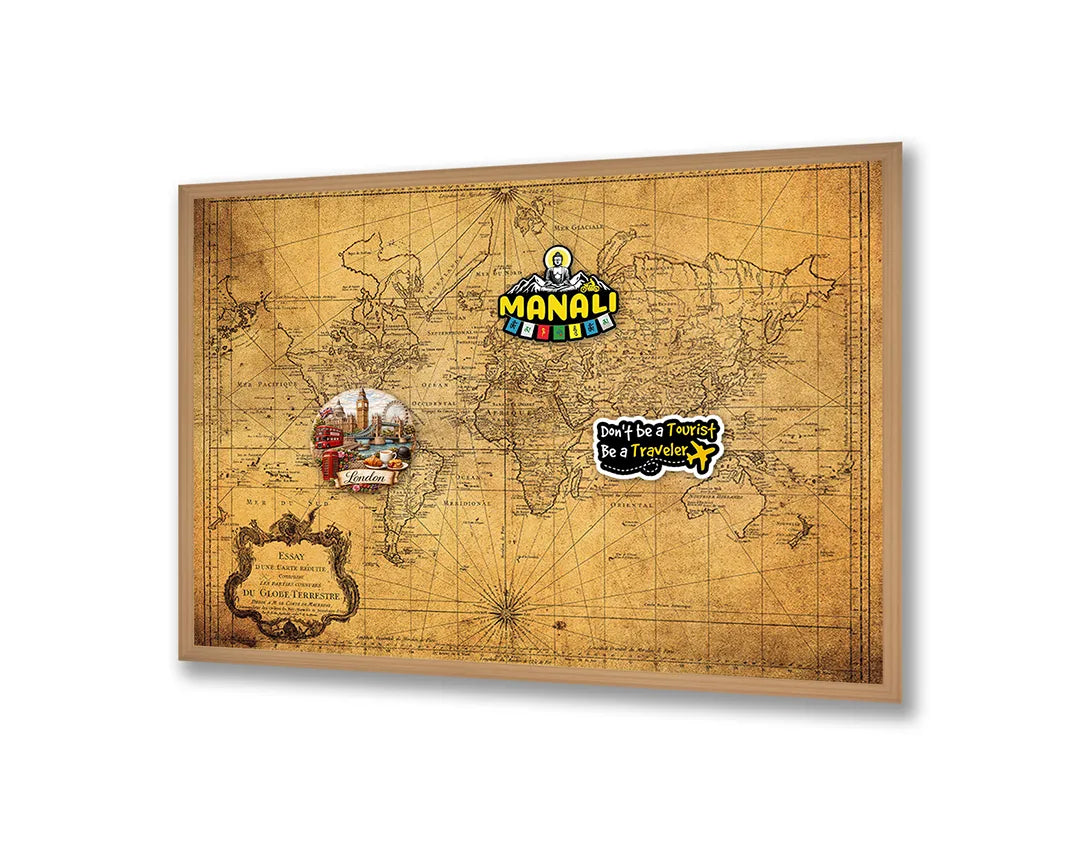 Metalen Magneetbord met afbeelding van verweerde vintage wereldkaart in geel en bruin kleuren
