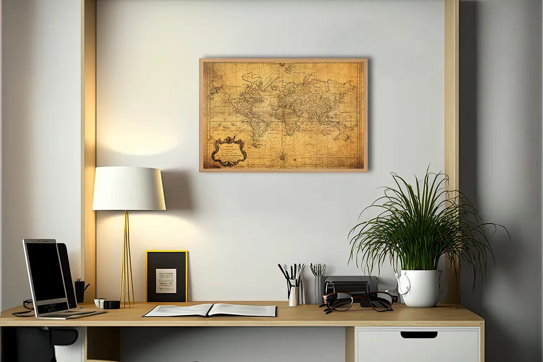 Metalen Magneetbord met afbeelding van verweerde vintage wereldkaart in geel en bruin kleuren