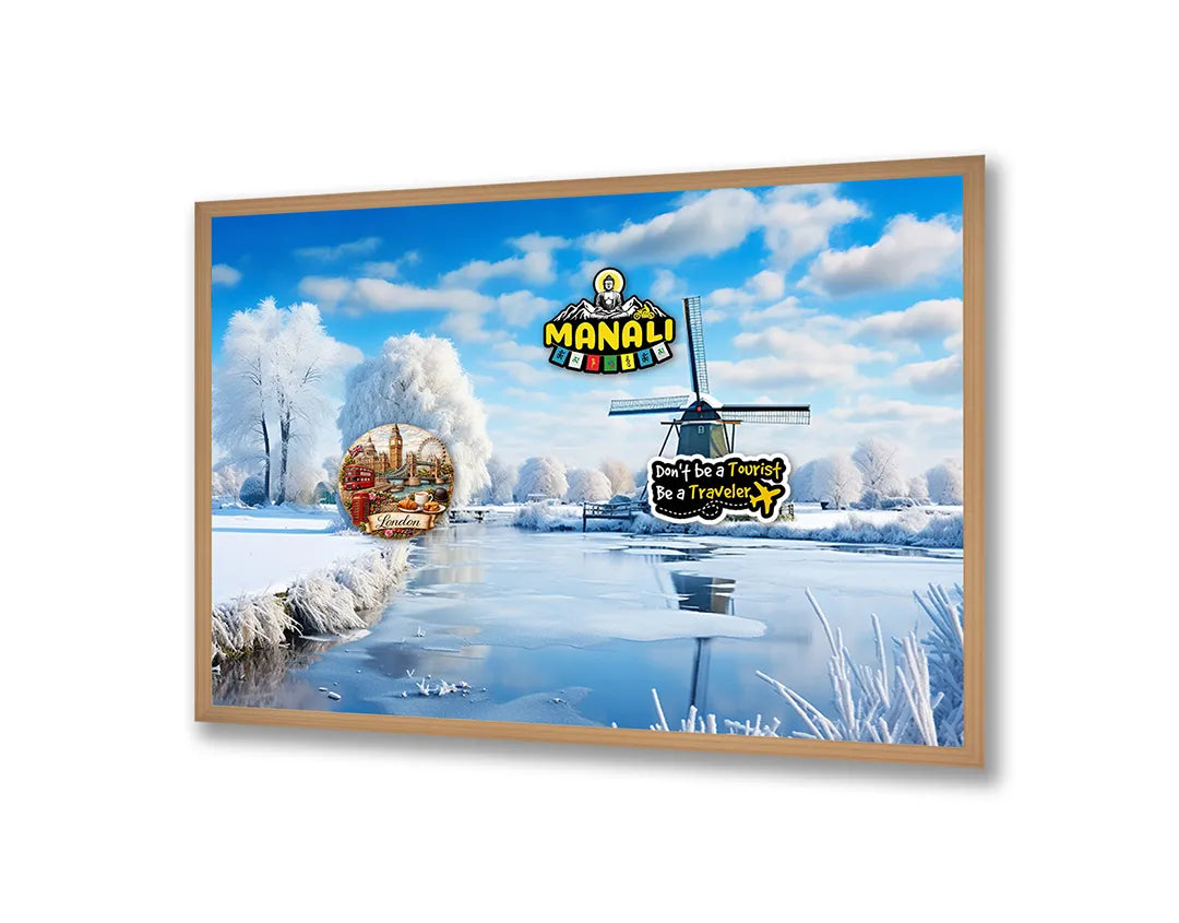 Metalen Magneetbord met print van Winterlandschap molen perfect als decoratie