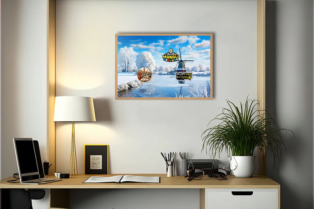 Metalen Magneetbord met print van Winterlandschap molen perfect als decoratie