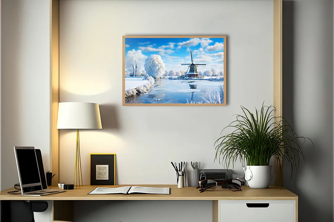 Metalen Magneetbord met print van Winterlandschap molen perfect als decoratie