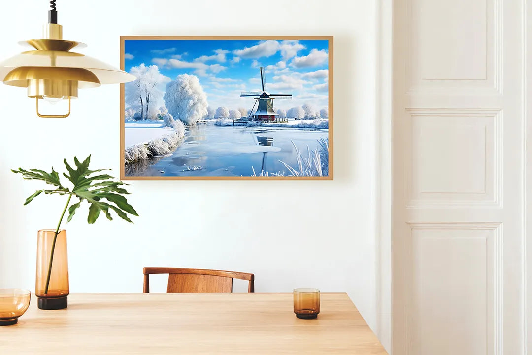 Metalen Magneetbord met print van Winterlandschap molen perfect als decoratie