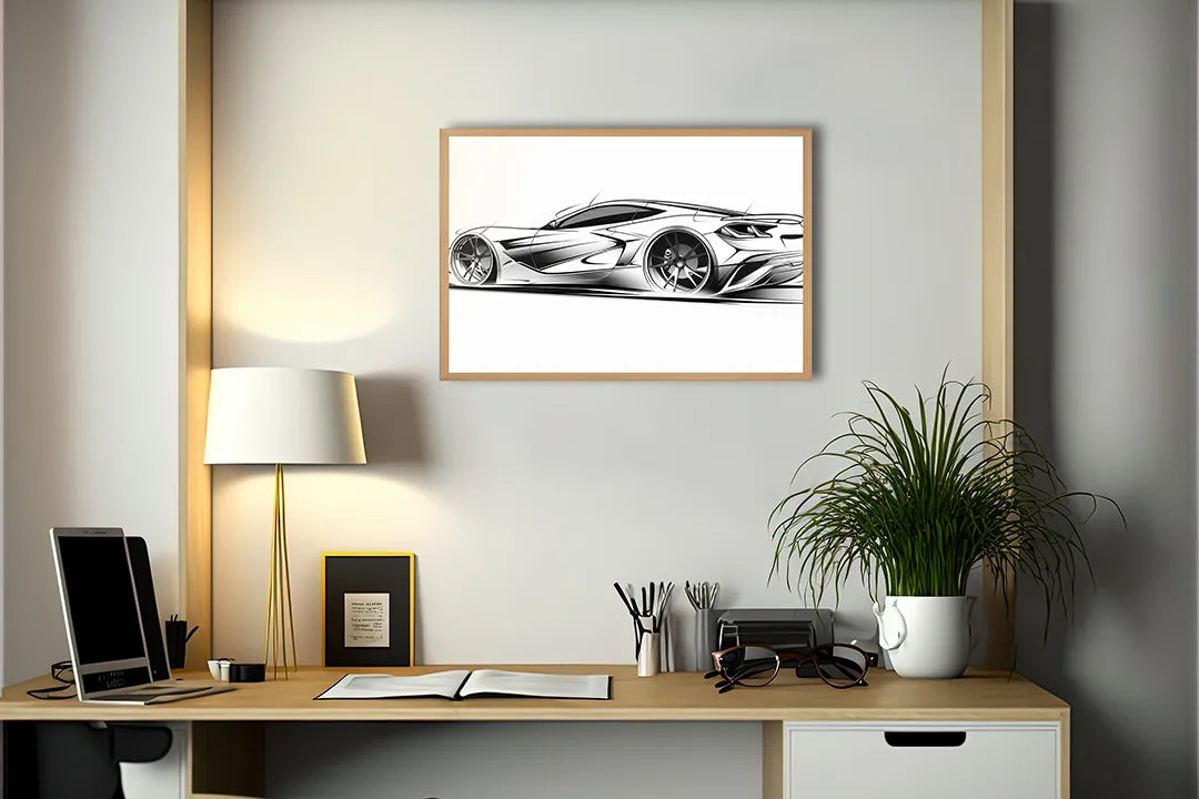 Metalen Magneetbord met print van Sportauto schets zijaanzicht perfect als decoratie
