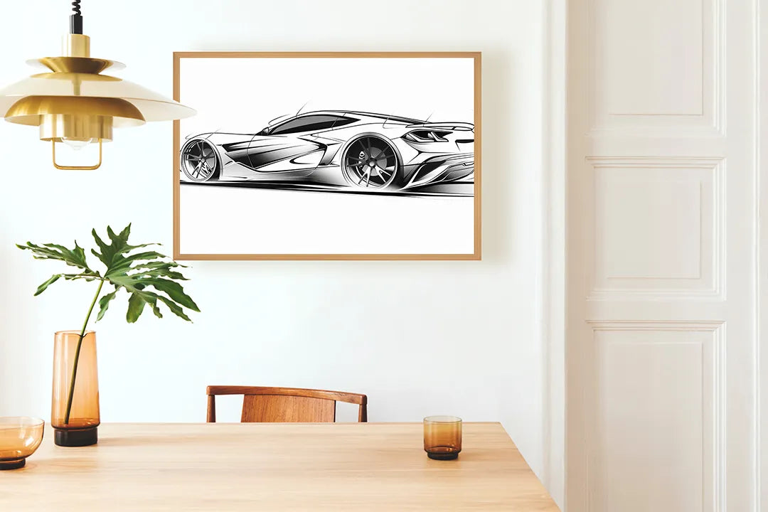 Metalen Magneetbord met print van Sportauto schets zijaanzicht perfect als decoratie
