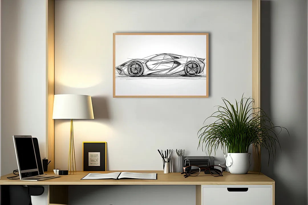 Metalen Magneetbord met print van Sportauto schets vooraanzicht perfect als decoratie