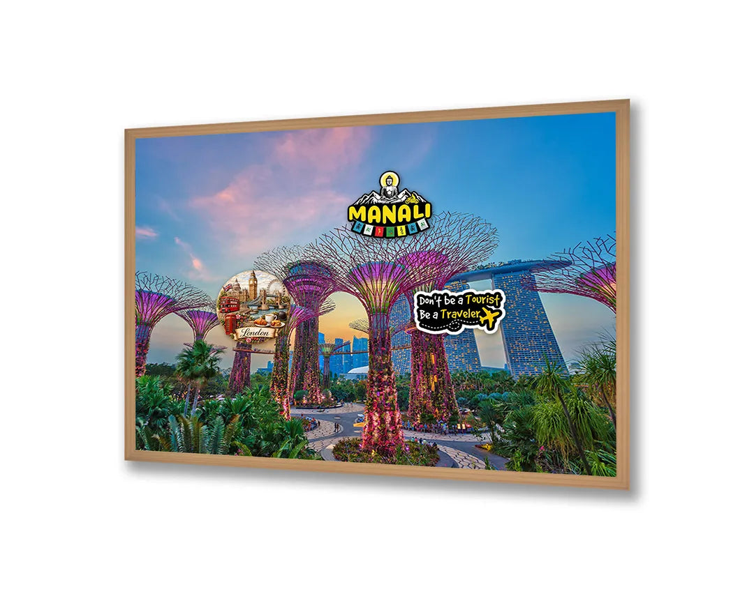 Metalen Magneetbord met afbeelding van Singapore Gardens by the Bay bij nacht in paars en blauw neon kleuren