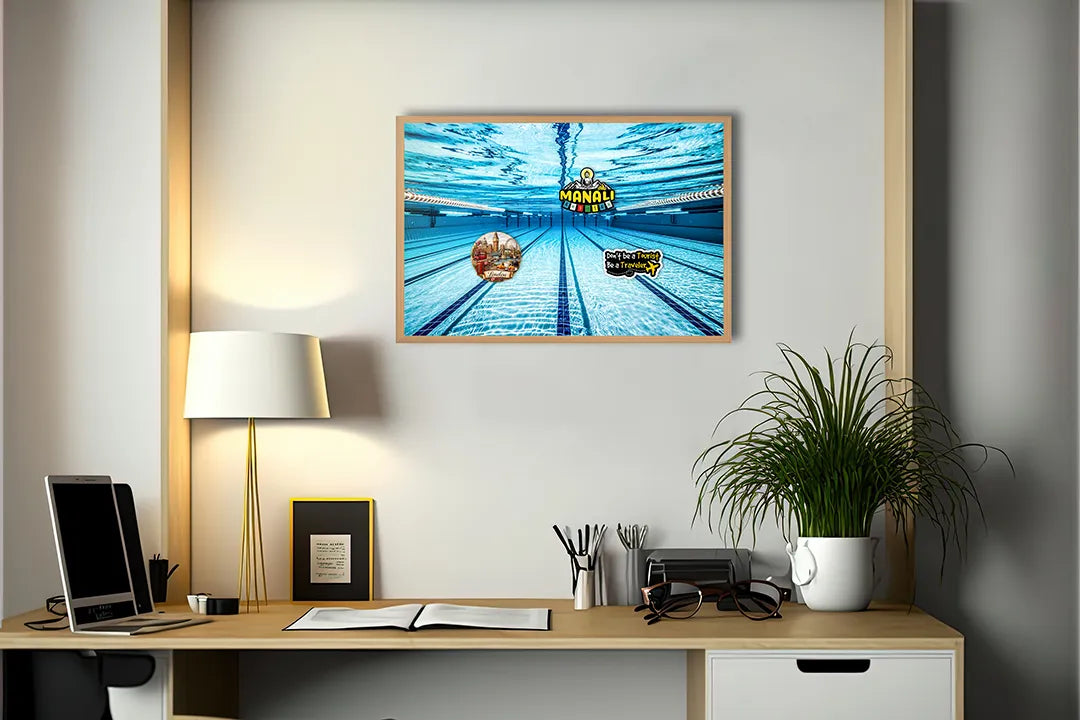 Metalen Magneetbord met afbeelding van zwembad waterlijnen in helder blauw kleuren