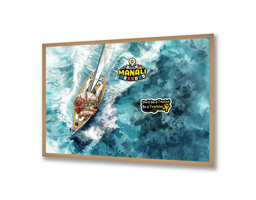 Metalen Magneetbord met hoogwaardige afbeelding van Bootje van bovenaf oceaan voor aan de muur
