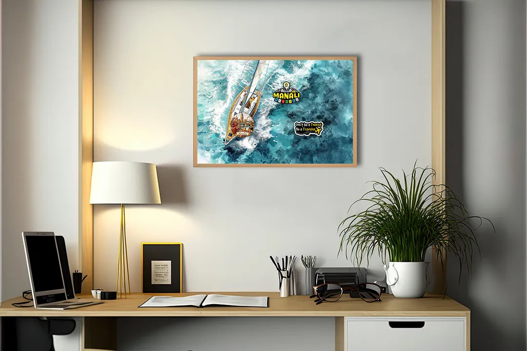 Metalen Magneetbord met hoogwaardige afbeelding van Bootje van bovenaf oceaan voor aan de muur