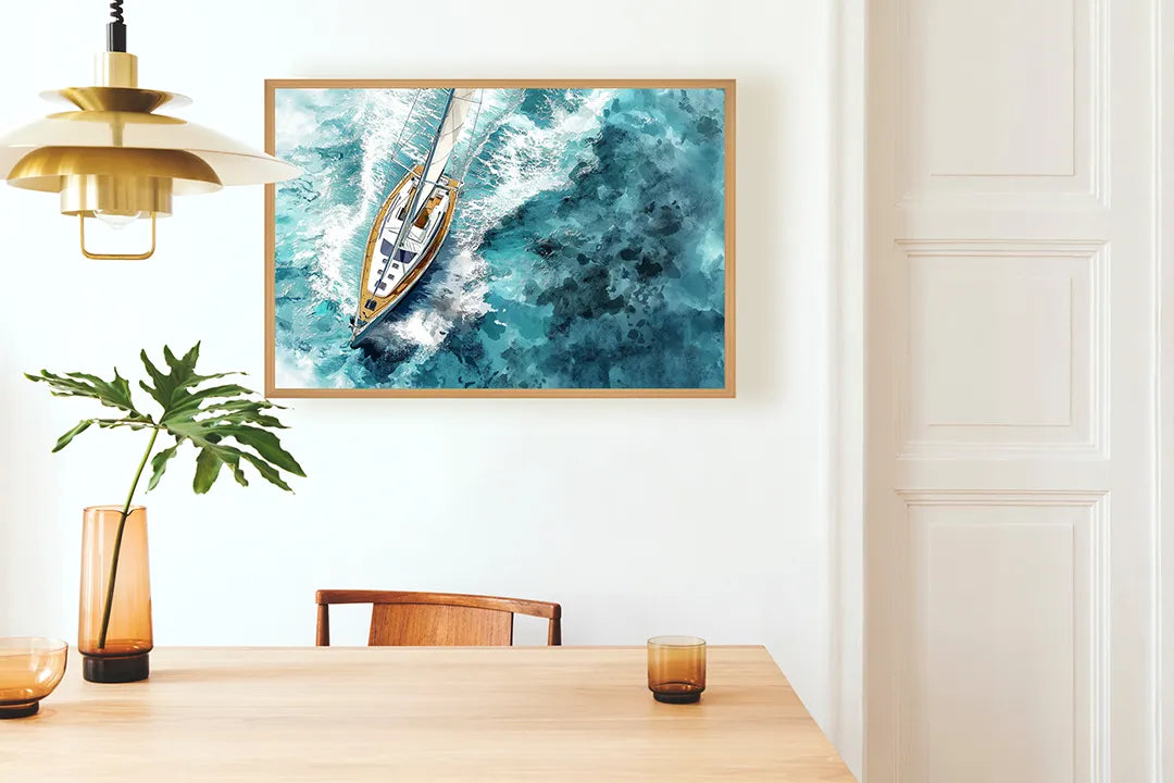 Metalen Magneetbord met hoogwaardige afbeelding van Bootje van bovenaf oceaan voor aan de muur