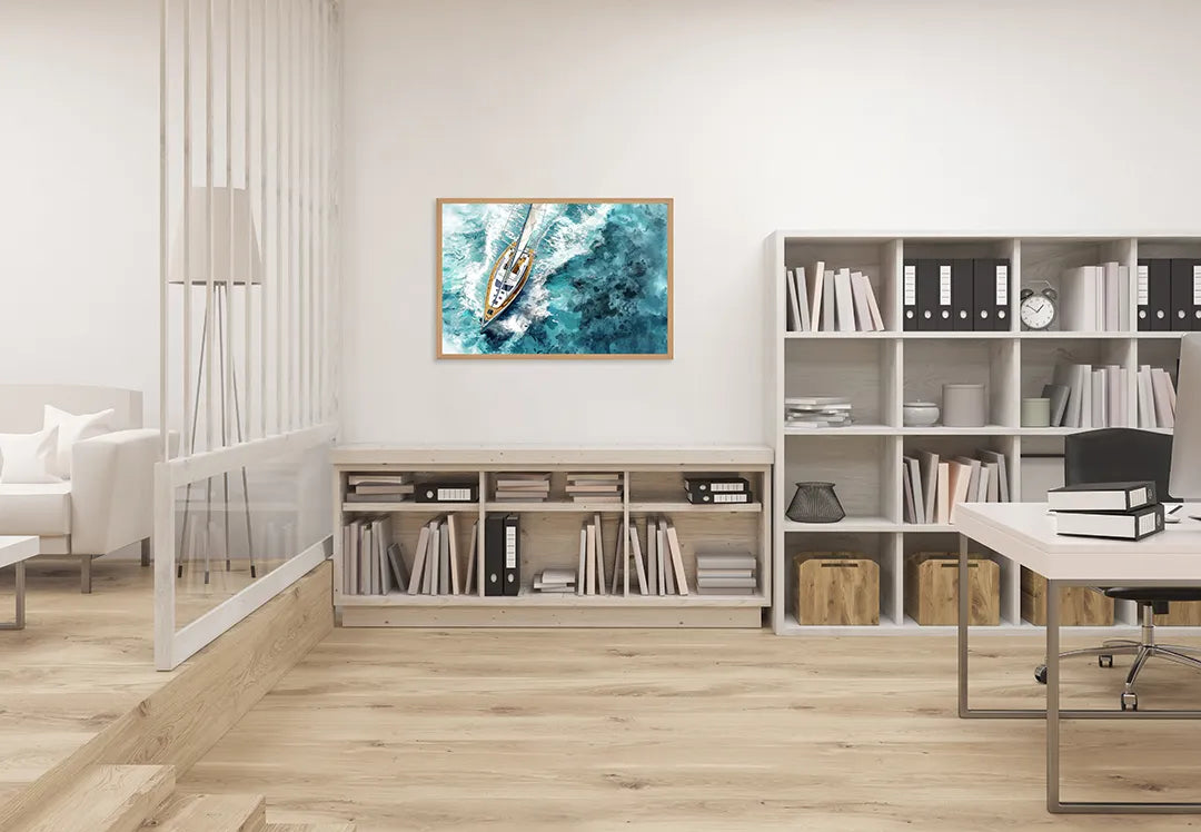 Metalen Magneetbord met hoogwaardige afbeelding van Bootje van bovenaf oceaan voor aan de muur