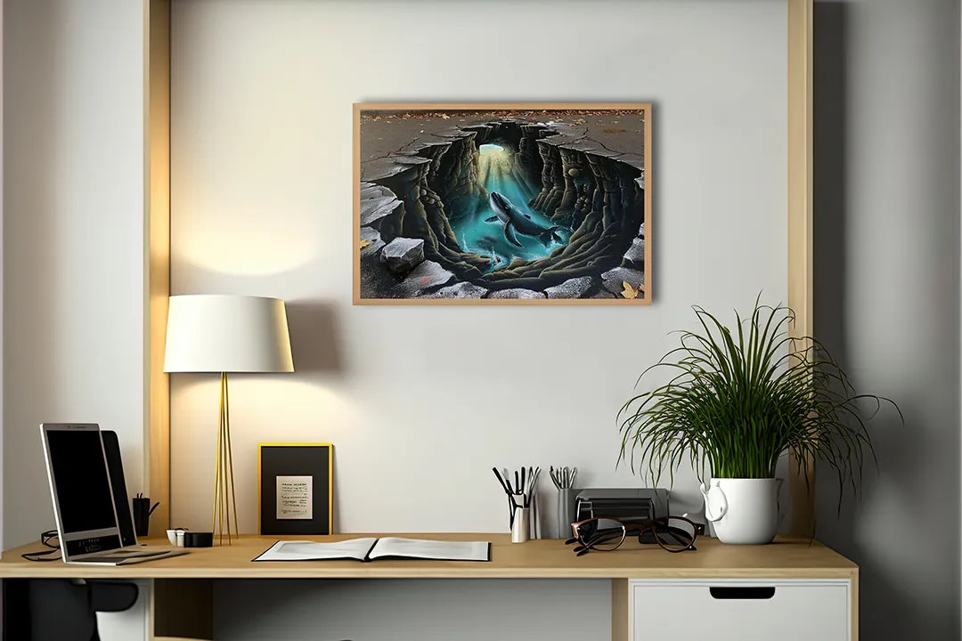 Metalen Magneetbord met hoogwaardige afbeelding van Duikboot onderwater grot voor aan de muur