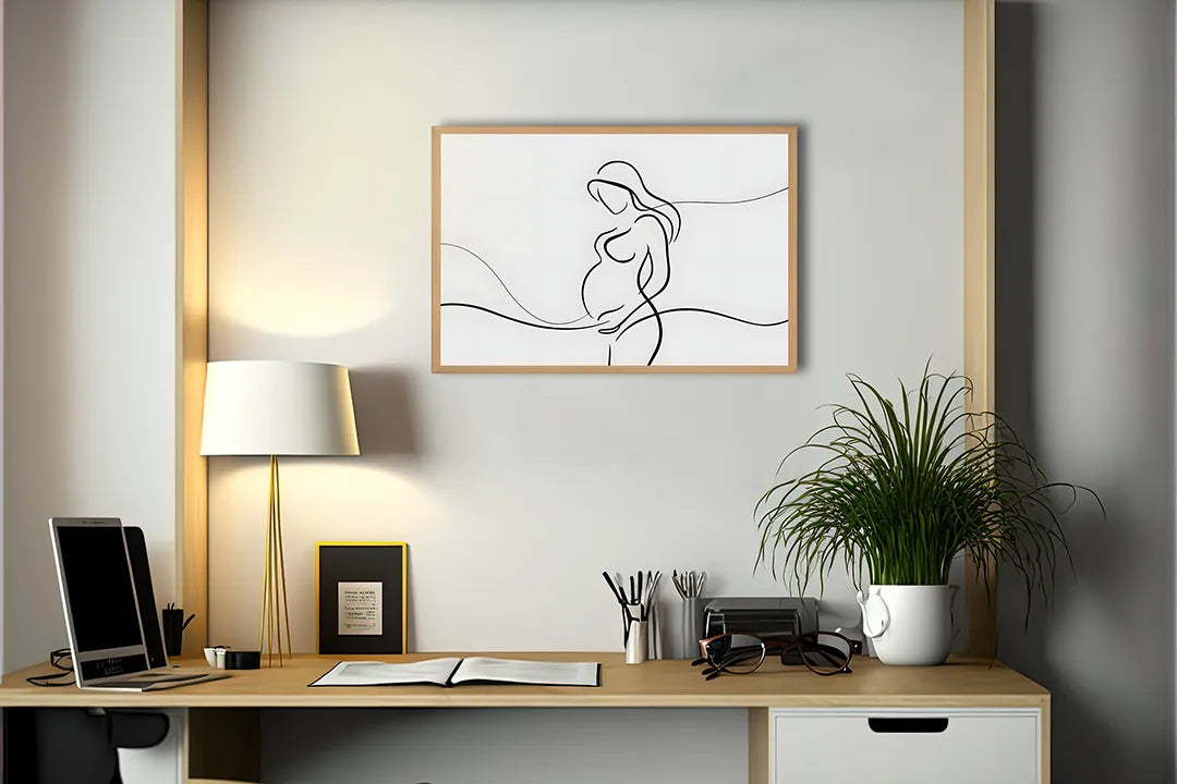 Metalen Magneetbord met hoogwaardige afbeelding van Lijntekening zwangere vrouw voor aan de muur
