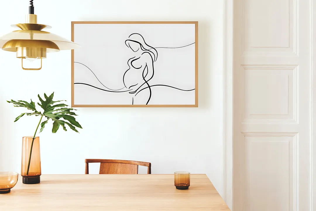 Metalen Magneetbord met hoogwaardige afbeelding van Lijntekening zwangere vrouw voor aan de muur