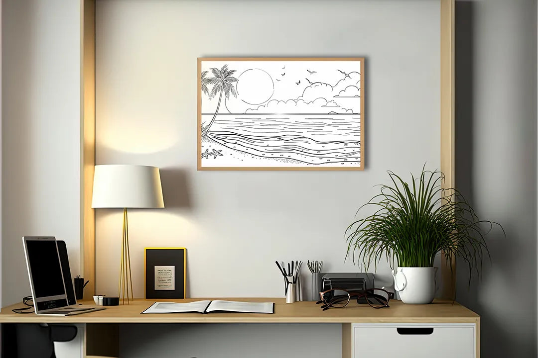 Metalen Magneetbord met hoogwaardige afbeelding van Kleurplaat strand landschap voor aan de muur