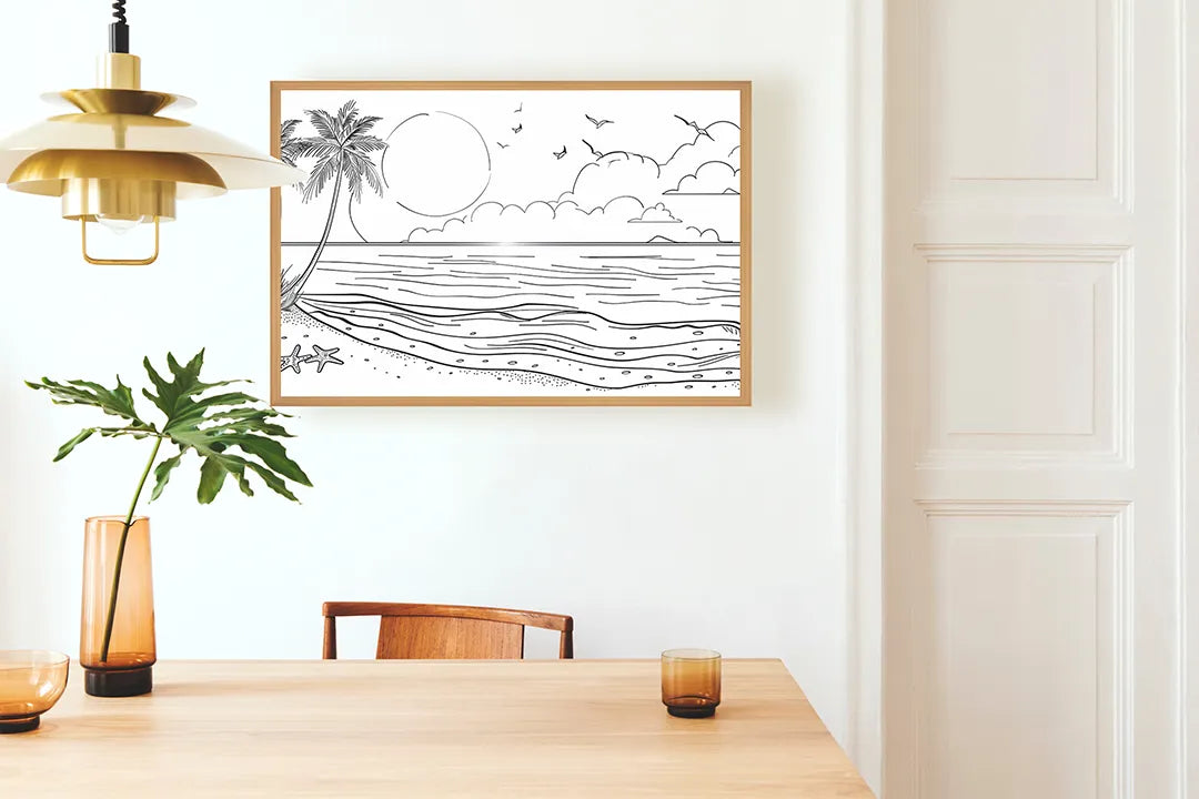 Metalen Magneetbord met hoogwaardige afbeelding van Kleurplaat strand landschap voor aan de muur