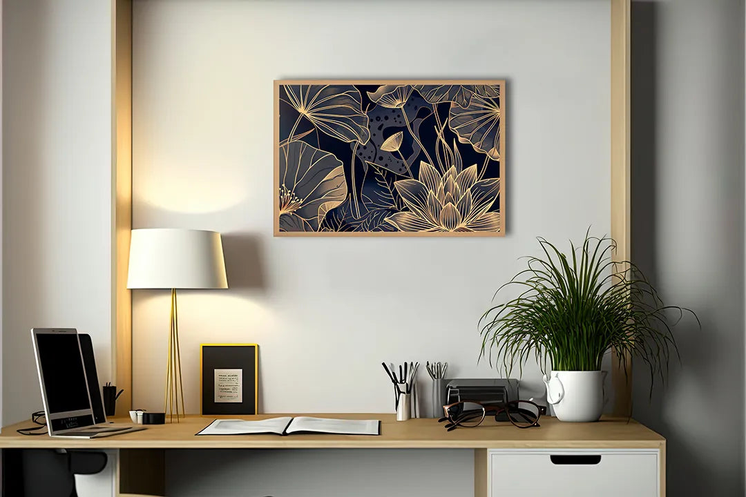 Metalen Magneetbord met hoogwaardige afbeelding van Gouden lotusbloem donker voor aan de muur